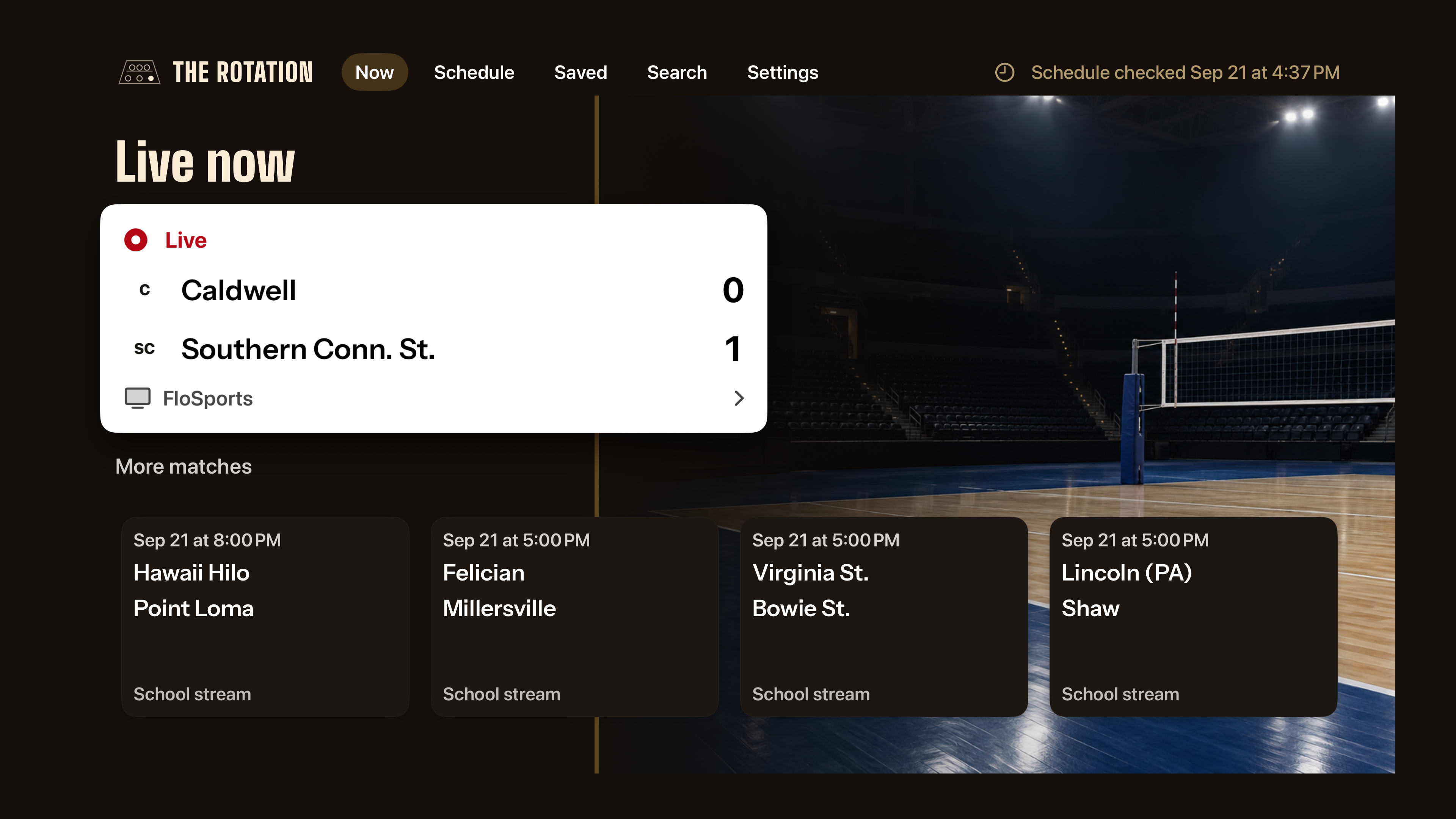 The Rotation Apple TV guide showing a live Caldwell versus Southern Connecticut State match and more college volleyball listings